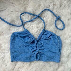 SHEIN Blue Lace-Up Halter Crop Top with Textured Fabric